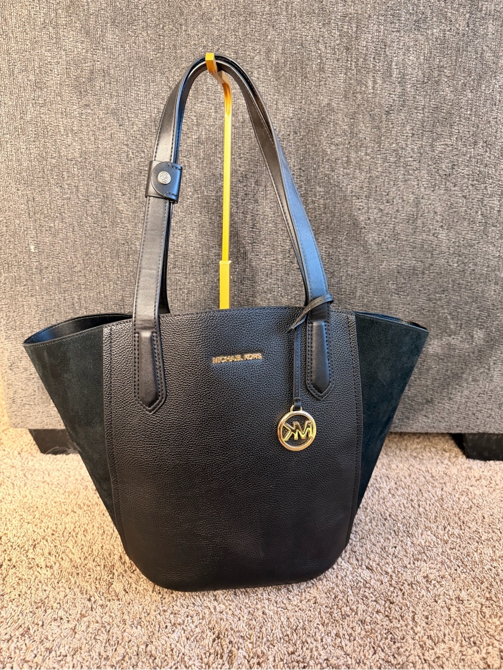 Michael Kors Black Leather & Suede Portia Tote Bag with Gold Accent